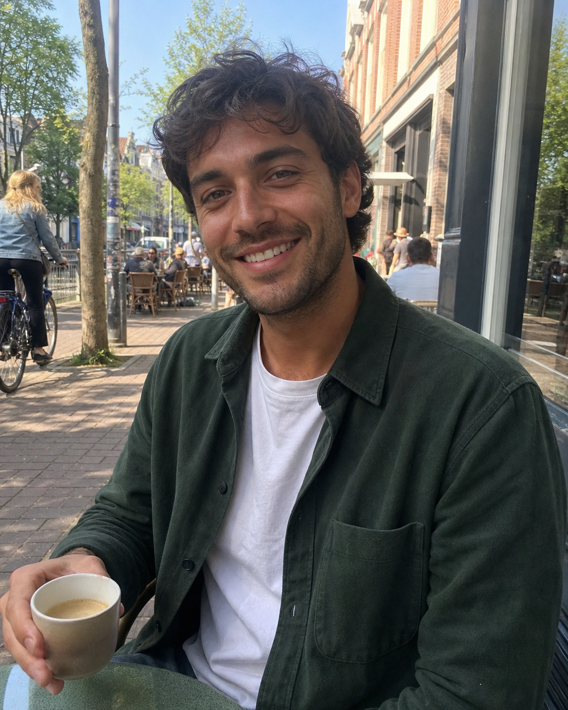 Natural café lifestyle photo for a man's Tinder profile